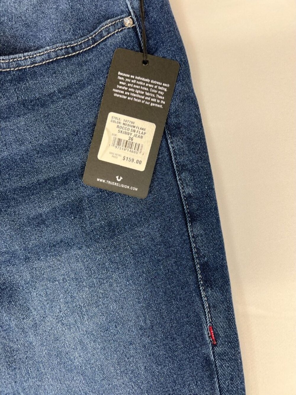 True Religion Men's 36 Rocco Relaxed Skinny Blue Flap Pocket Jeans NWT - Picture 5 of 14